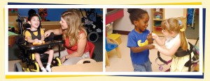 A photo of a young boy in a wheelchair sitting next to a woman, and a photo of a young girl in a walker holding hands with another young girl.