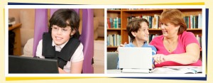 A photo of a young girl working on a laptop, and a young boy working on a laptop with his instructor.