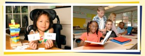 A photo of a young girl in a wheelchair holding up the words I can. A photo of some students in their classroom.