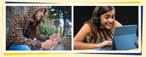 A photo of a young man working with an iPad, and a photo of a young woman wearing headphones and working on a laptop.